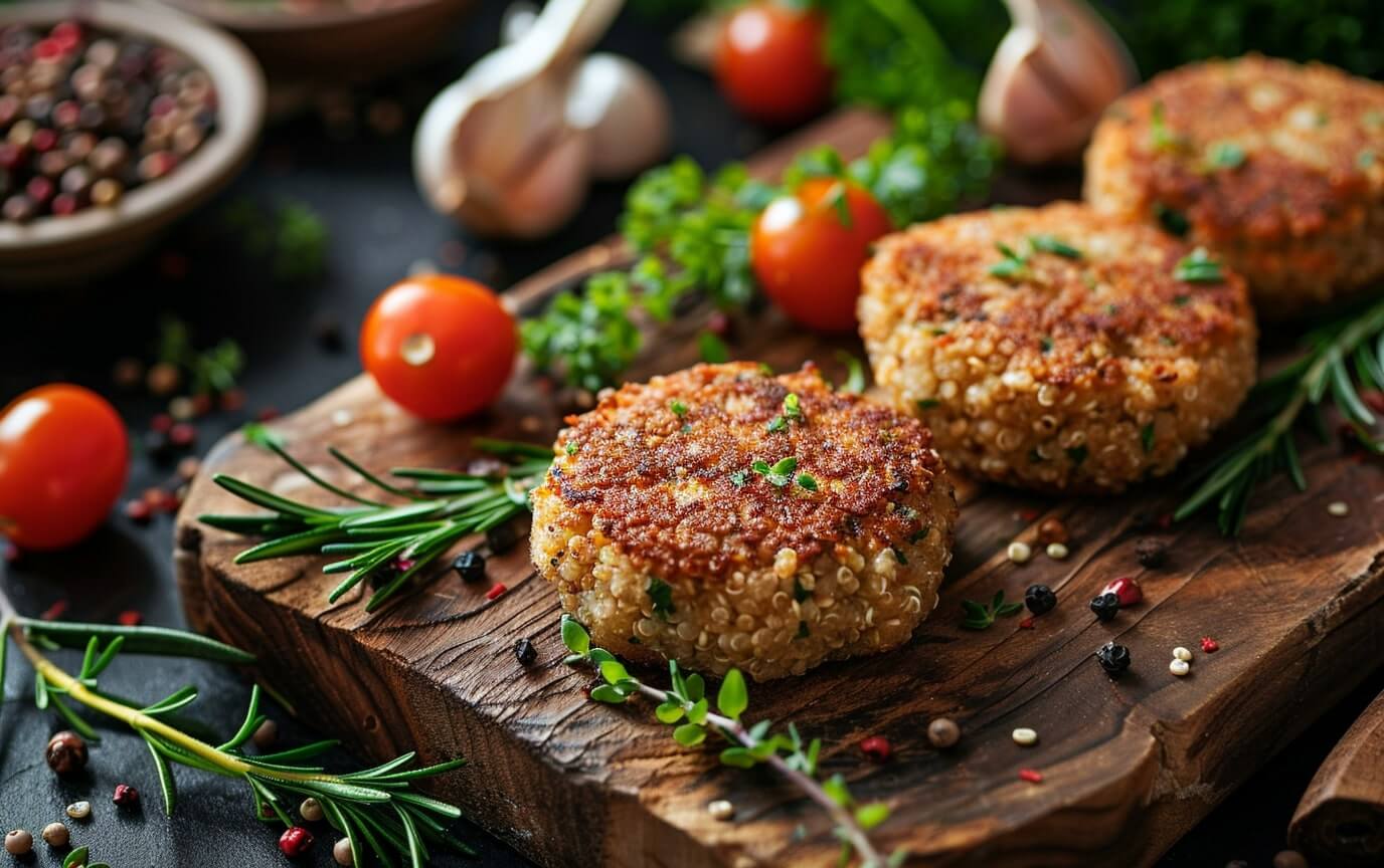 Vegetarische Quinoa Bratlinge Rezepte Goldbraune Quinoa-Bratlinge auf Holzbrett mit frischen Kräutern und Gemüse