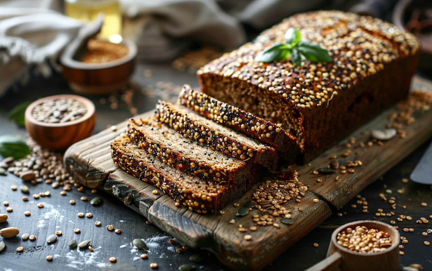 Glutenfreie Quinoa Brot Rezepte Geschnittenes Quinoa-Brot auf Holzbrett mit Körnern und Samen