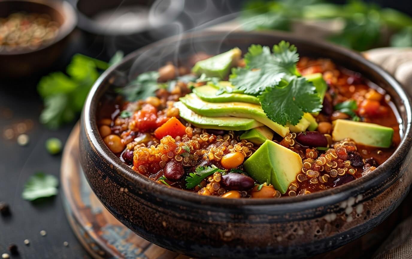 Feurige Quinoa Chili Rezepte Dampfende Schale Quinoa-Chili mit Koriander und Avocado-Scheiben