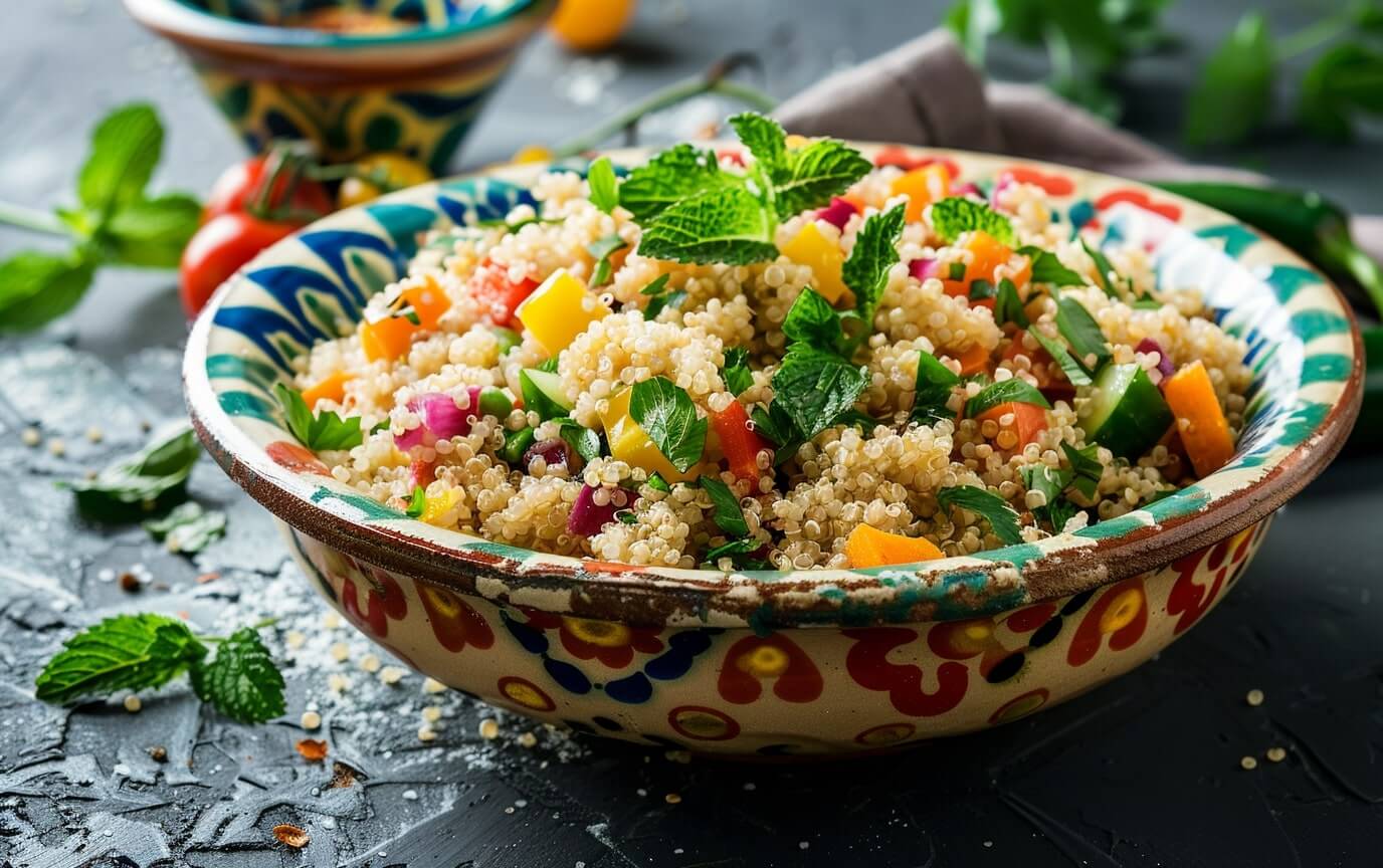 Mediterrane Quinoa Couscous Rezepte Fluffiger Quinoa-Couscous mit buntem Gemüse und Kräutern in dekorativer Schale