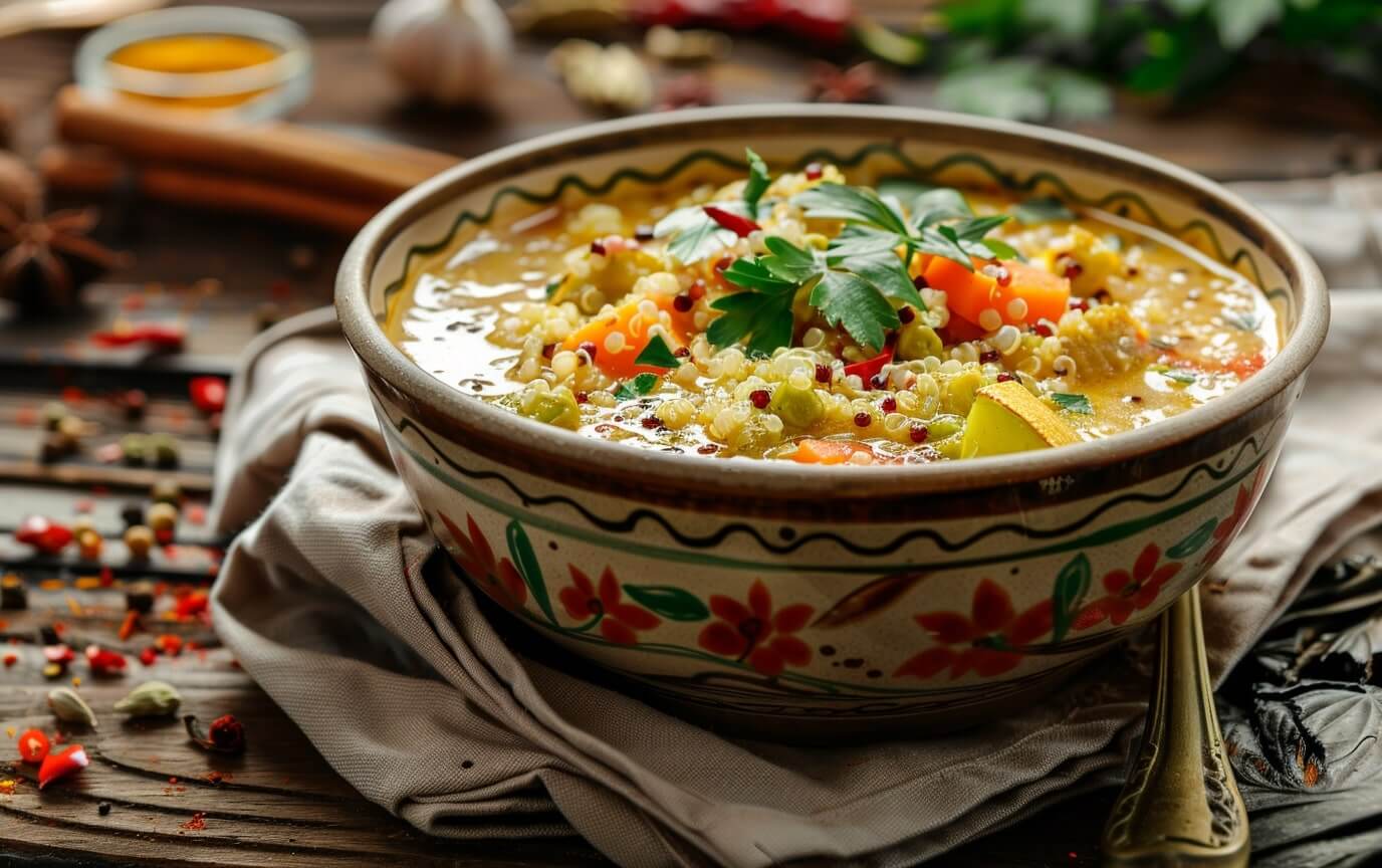 Exotische Quinoa Curry Rezepte Aromatisches Quinoa-Curry mit Kokosmilch und Gemüse in traditioneller Schale