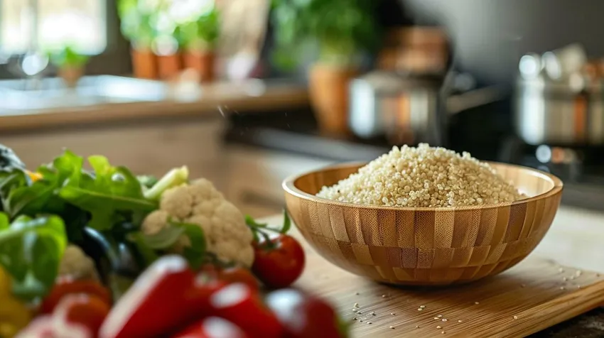 Quinoa Diät - gesund und nachhaltig abnehmen Quinoa in einer Schale mit frischem Gemüse - perfekt für eine gesunde Diät zum Abnehmen