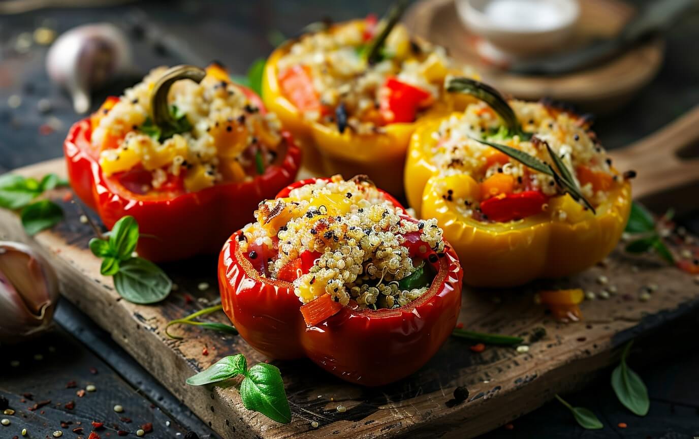 Vielseitige Quinoa Füllungen Rezepte Gefüllte Paprika mit Quinoa-Mischung und buntem Gemüse, goldbraun gebacken