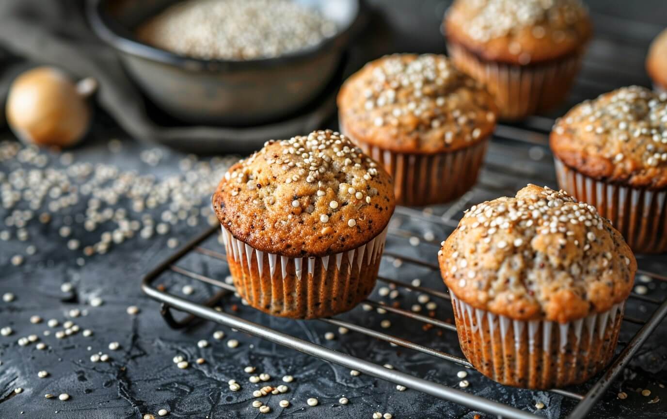 Gesunde Quinoa Muffins Rezepte Frische Quinoa-Muffins auf Abkühlgitter mit verstreuten Quinoa-Körnern