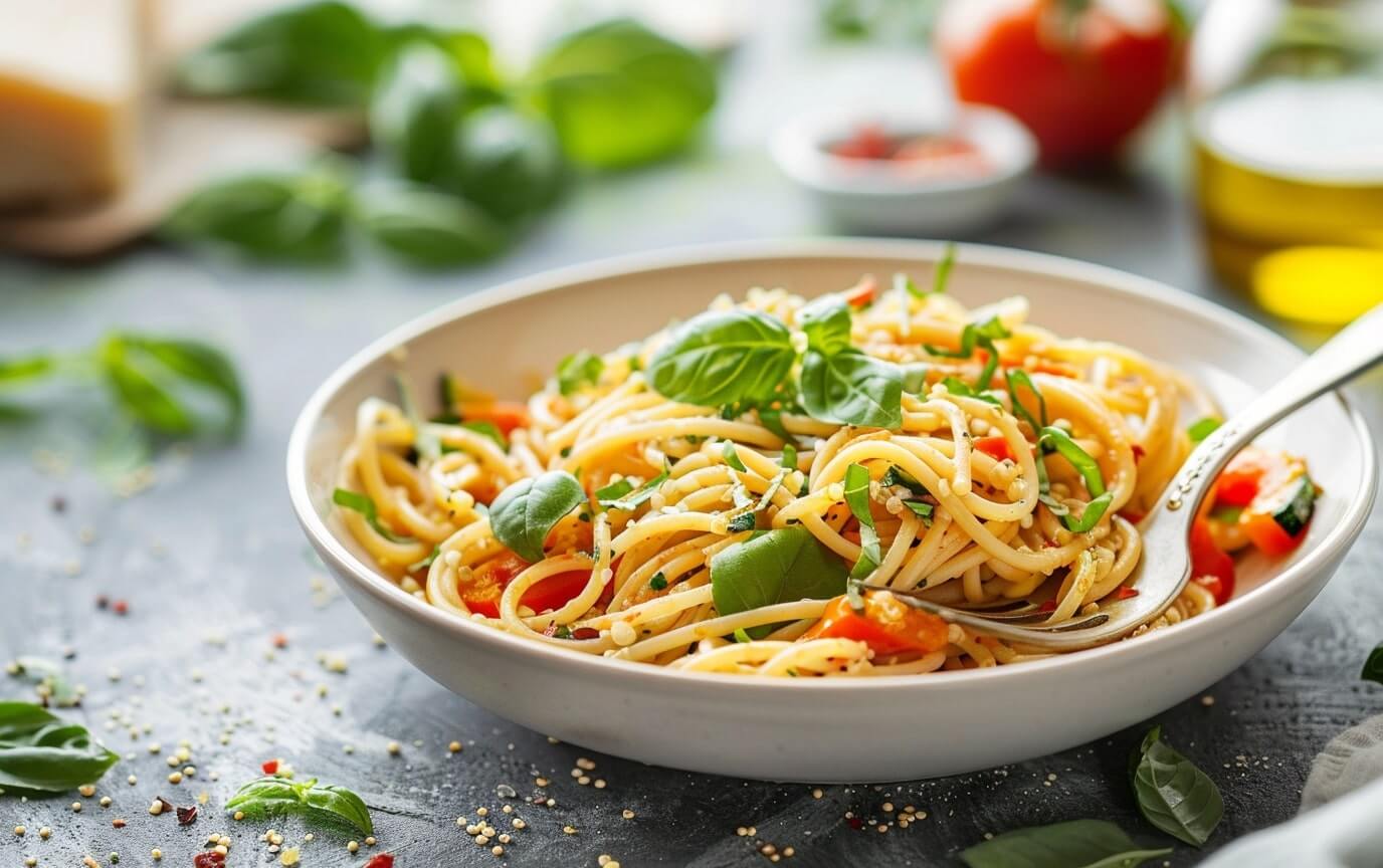 Glutenfreie Quinoa Nudel Rezepte Quinoa-Pasta mit Gemüse und frischem Basilikum in weißer Schale