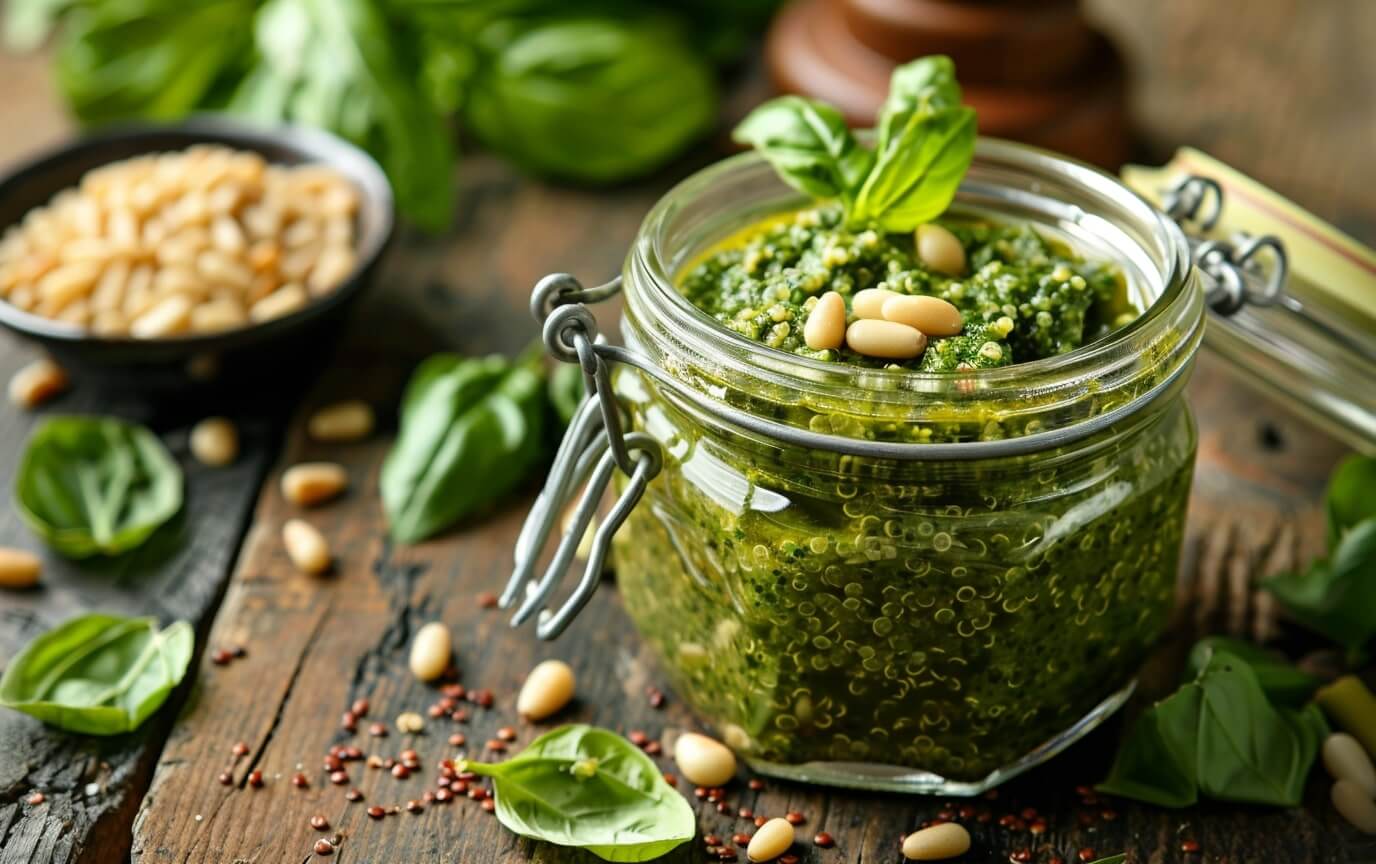 Aromatische Quinoa Pesto Rezepte Glas mit grünem Quinoa-Pesto umgeben von frischen Basilikumblättern und Pinienkernen