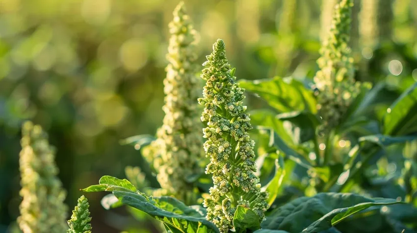 Quinoa Pflanzen im Garten anbauen - Von der Aussaat bis zur Ernte Reife Quinoa Pflanzen im Garten mit ausgebildeten Samenköpfen bereit zur Ernte