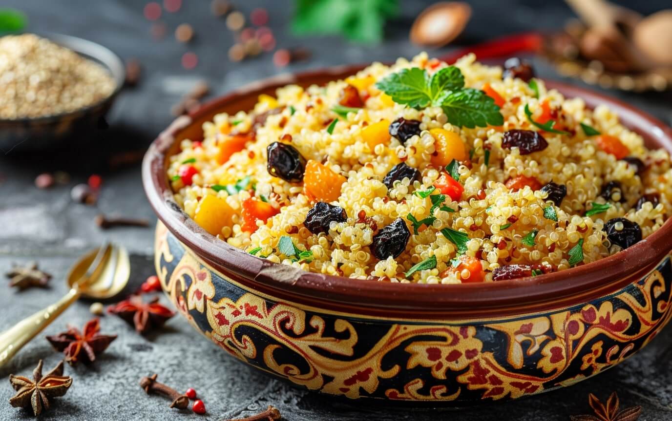 Orientalische Quinoa Pilau Rezepte Aromatischer Quinoa-Pilau mit Safran und getrockneten Früchten in traditioneller Schale