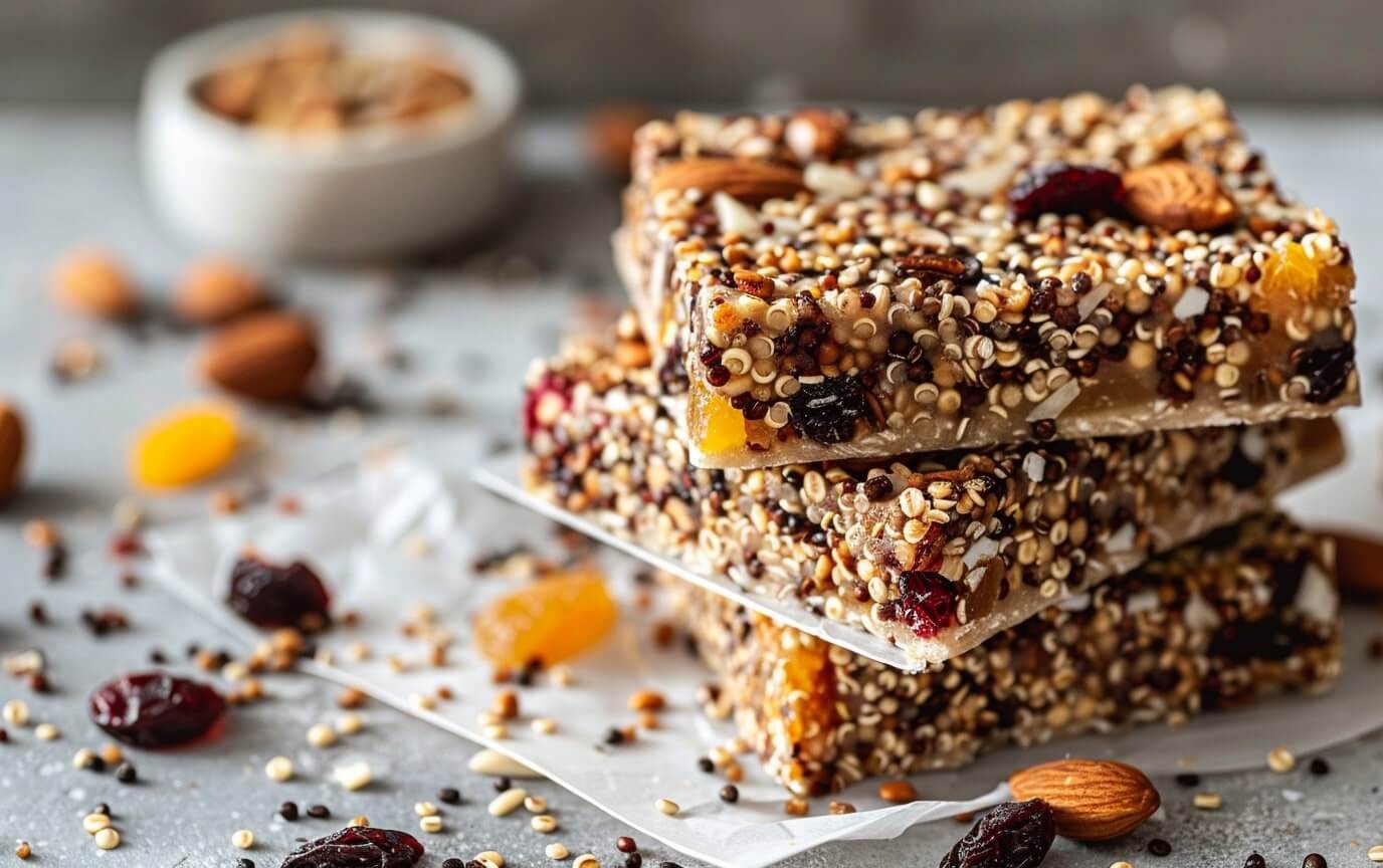 Gesunde Quinoa Riegel Rezepte Hausgemachte Quinoa-Energieriegel gestapelt auf Pergamentpapier mit Nüssen und Trockenfrüchten